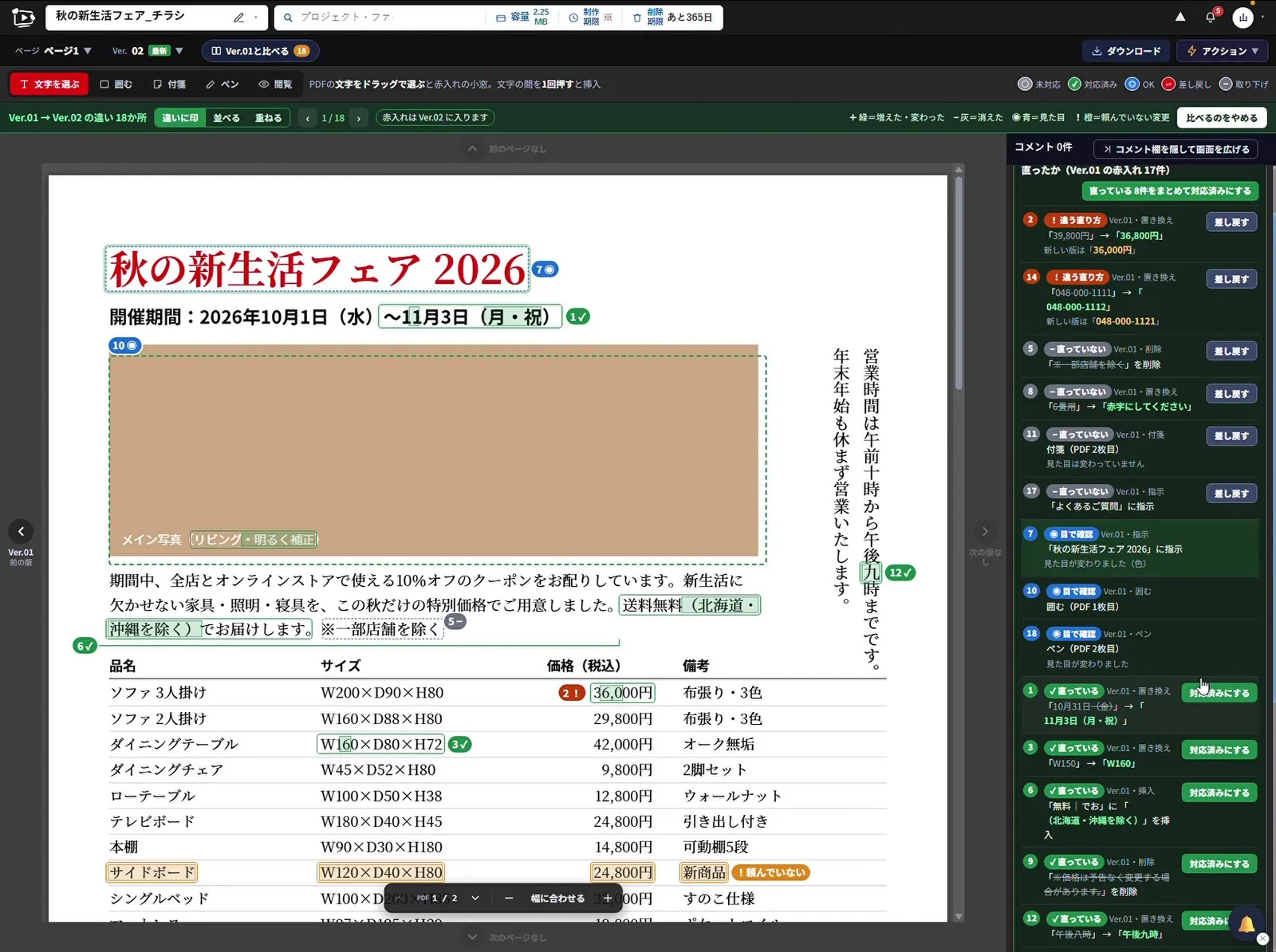 アカポンでチラシのPDFを前の版と比べた画面。本文に判定の札が付き、右に直ったかの一覧が並んでいる