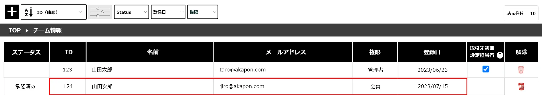 チーム（自社）メンバー一覧画面