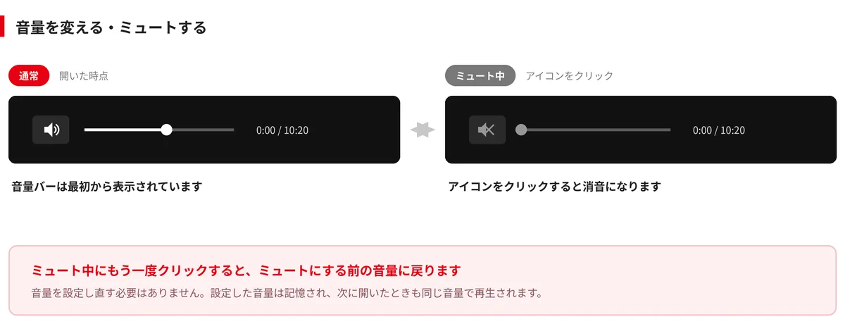 音量バーは最初から表示され、アイコンのクリックでミュートと元の音量を切り替えられる